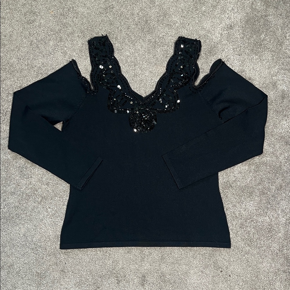 Dolce Cabo Beaded Sequins Cold Shoulder Top Black Size large